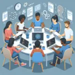 "Étudiants utilisant Replit pour développer des projets d'intelligence artificielle à l'université, illustrant la collaboration et l'innovation en programmation."