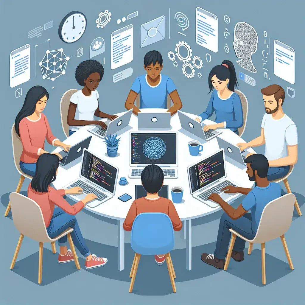 "Étudiants utilisant Replit pour développer des projets d'intelligence artificielle à l'université, illustrant la collaboration et l'innovation en programmation."